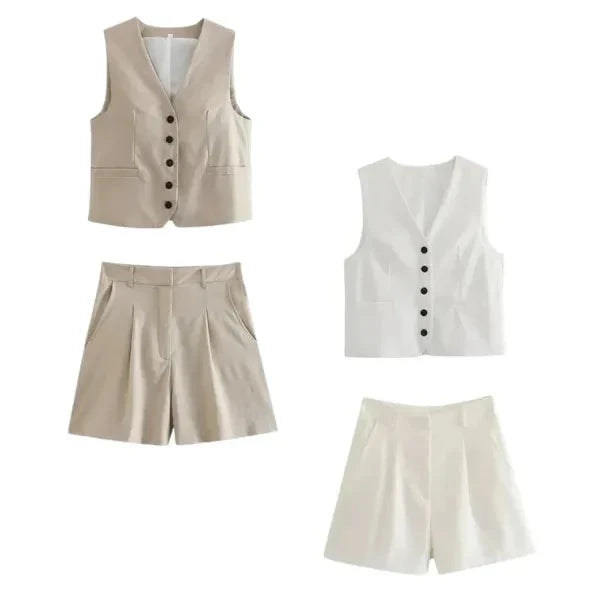 Conjunto Feminino em Alfaiataria - Colete e Shorts no Linho (Promoção Compre 1 Leve 2) Conjunto Feminino MRL-086 Miralleve Branco + Bege P
