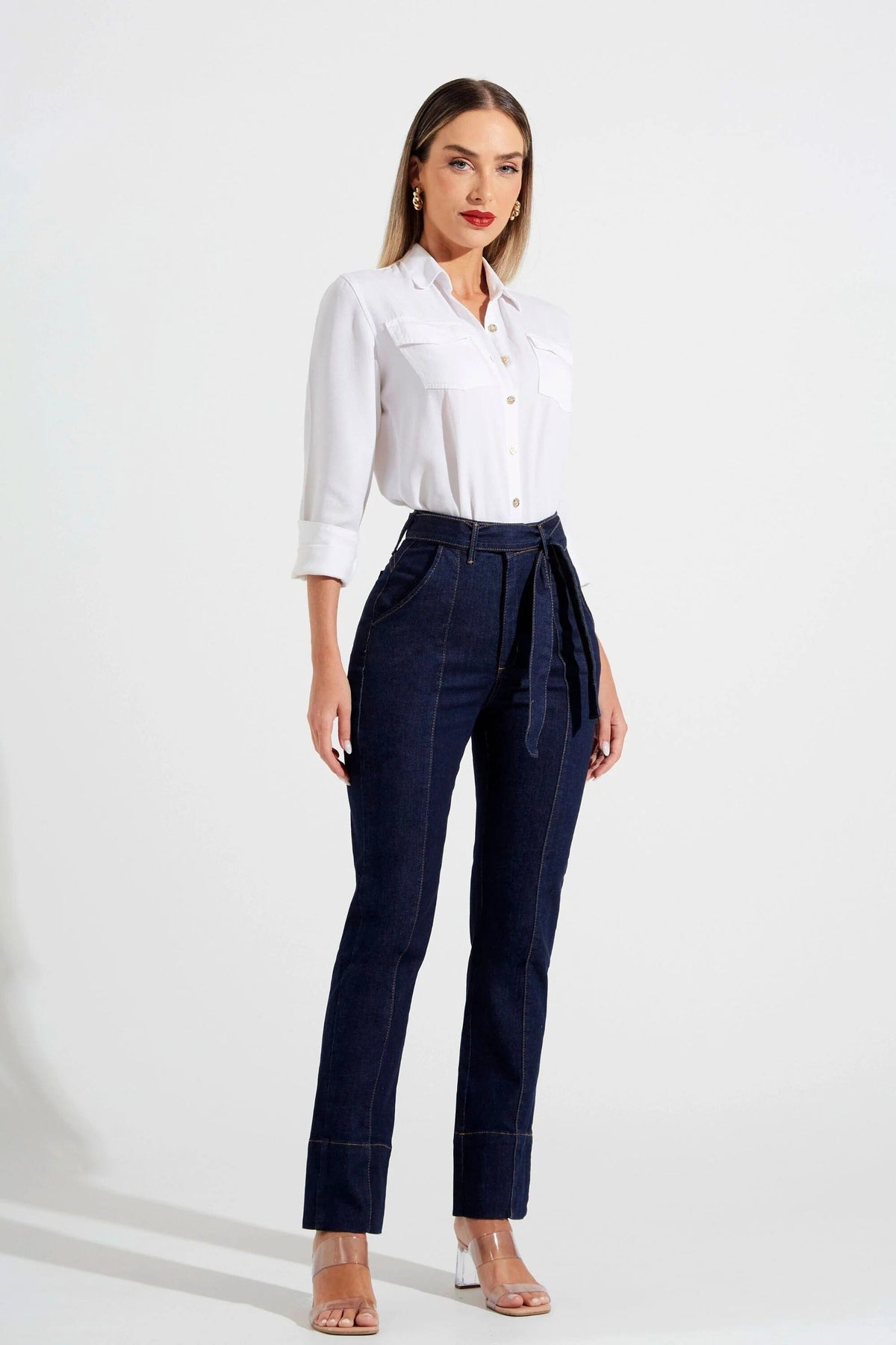 Calça Jeans de Rica Tecnológica Reta Cós Super Alto Calça Jeans MRL-120 Miralleve 