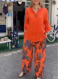 Conjunto com Botão Estampado Vivian Conjunto Botão MRL-161 Miralleve Laranja P 