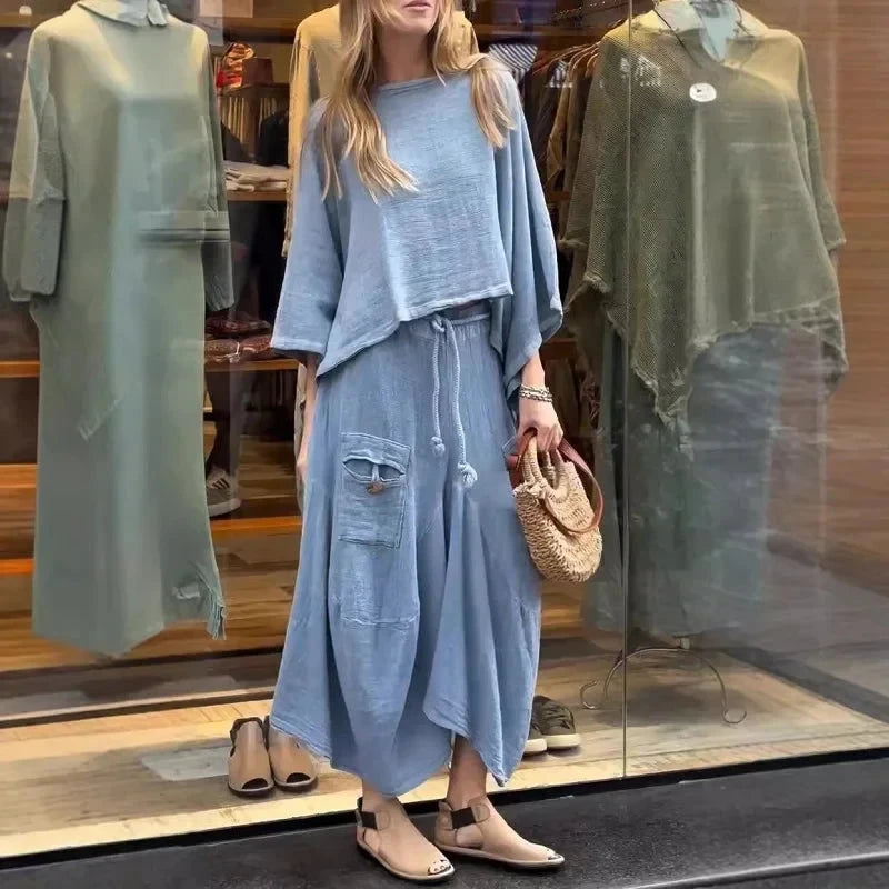 Conjunto Feminino em Linho e Algodão Vintage - [Frete Grátis] Conjunto Feminino MRL-035 Miralleve Azul P 